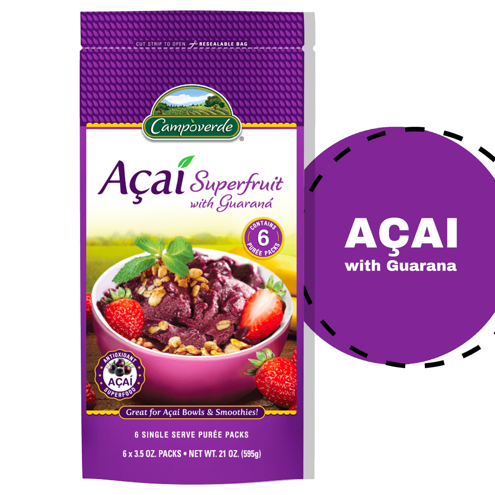 Puré de acaí endulzado con Guaraná. Paquete contiene 6 tubitos de puré de caí Campoverde.